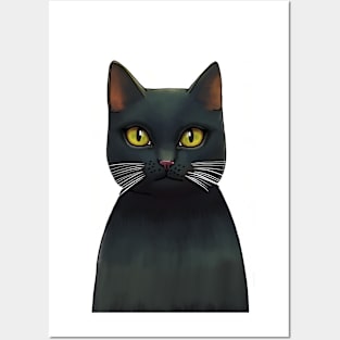 Black cat with yellow green eyes Posters and Art